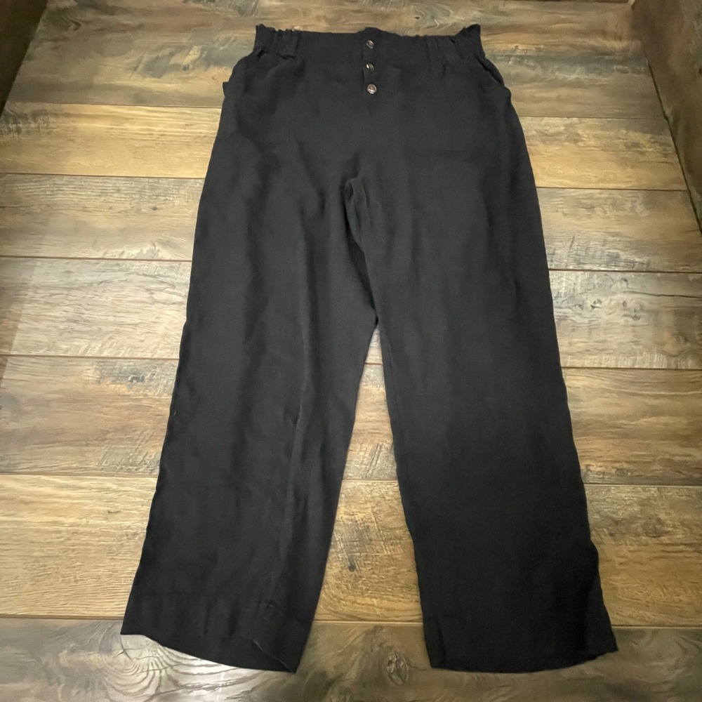 Ellos Black Linen Blend Wide Leg Paperbag Waist Pants Size 18 Pocket Casual